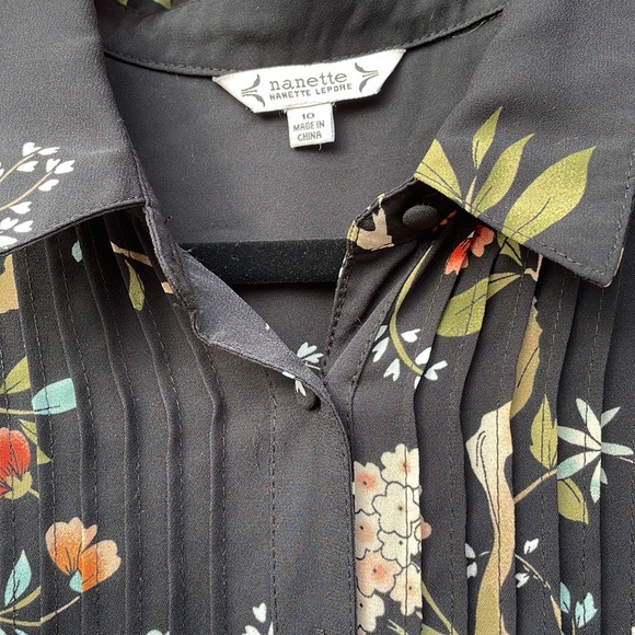 Nanette by Nanette Lepore Black Floral Pin tuck Dress Size 10 Tie Waist Buttons - Picture 7 of 14